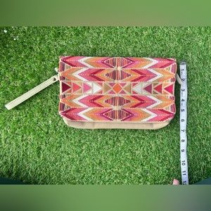 Lucky brand multi pink orange embroidery leather canvas clutch